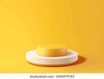 Una simple escena en 3D con un podio blanco sobre una plataforma amarilla, sobre un fondo amarillo. Exhibición del producto, estilo minimalista. Ilustración de vector