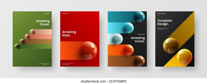 Simple 3D spheres brochure illustration bundle. Fresh catalog cover vector design layout composition.