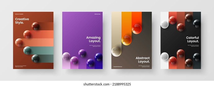 Simple 3D spheres journal cover template set. Creative front page vector design concept composition.