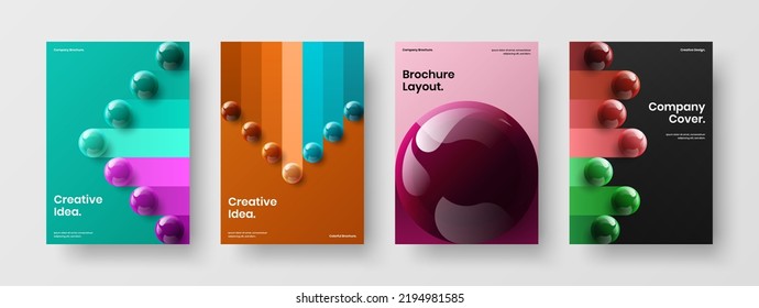 Simple 3D spheres pamphlet layout collection. Minimalistic front page design vector template set.