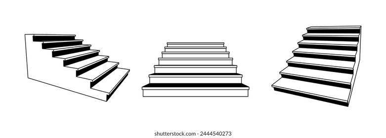 Simple 3d stairway set. Line staircase in different perspective. Black and white stair steps collection. Graphic design element pack concept for success, growth, promotion, progress. Vector bundle