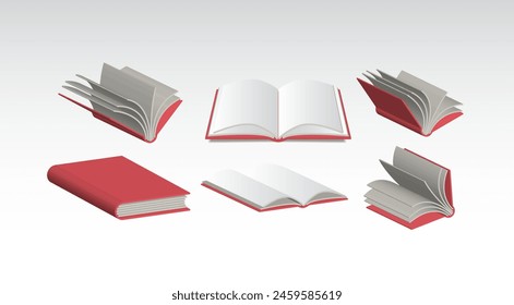 Simple 3d Textbooks and pages, isolated icons of a stack of open books. 