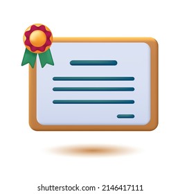 Simple 3d vector icon illustration, vector certificate icon. Achievements, awards, grants, diploma concept. 3d vector illustration. on a white background