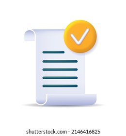 Simple 3d vector illustration. approval document. Approval icon, official agreement, accreditation symbol with check mark. accredited document, on a white background