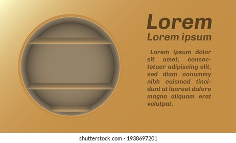 Simple 3d vector illustration of three shelves inside a circle in the wall. Shelves for displaying goods, placing different things for congratulations, sales.