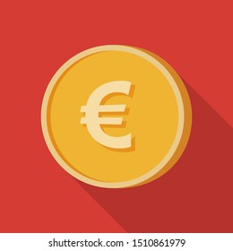 Simple 3D View Euro_Coin Illustration with_Long Shadow Isolated in Red Background