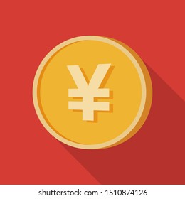 Simple 3D View Yen Coin Illustration with Long Shadow Isolated in Red Background
