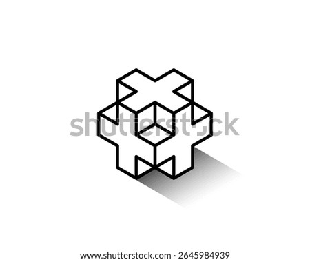 Simple 3d wire frame outline Grayscale Isometric X or Plus + Sing Cube Logo Design
