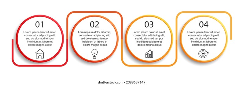Einfache Infografik mit 4 Schritten. Farblinien, Symbole, Zahlen und Text in einer verwandten Einheit, die für Ihre Geschäftspräsentation geeignet sind