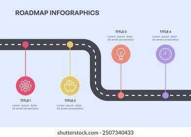 Infografía simple de la hoja de ruta de 4 nodos con el camino curvo y los iconos coloridos, Ilustración vectorial