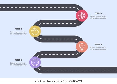 Infografía simple de la hoja de ruta de 4 nodos con el camino curvo y los iconos coloridos, Ilustración vectorial