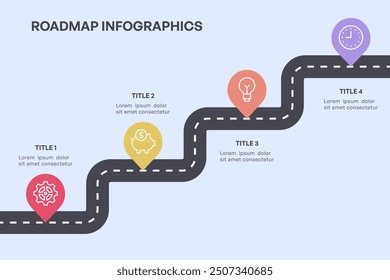 Infografía simple de la hoja de ruta de 4 nodos con el camino curvo y los iconos coloridos, Ilustración vectorial