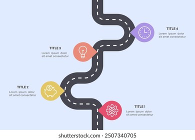 Infografía simple de la hoja de ruta de 4 nodos con el camino curvo y los iconos coloridos, Ilustración vectorial