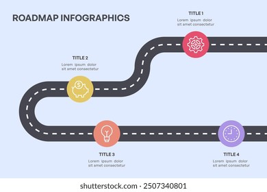 Infografía simple de la hoja de ruta de 4 nodos con el camino curvo y los iconos coloridos, Ilustración vectorial