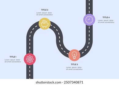 Infografía simple de la hoja de ruta de 4 nodos con el camino curvo y los iconos coloridos, Ilustración vectorial