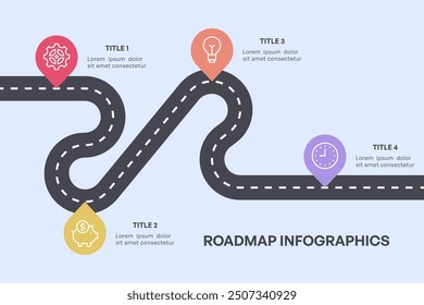 Infografía simple de la hoja de ruta de 4 nodos con el camino curvo y los iconos coloridos, Ilustración vectorial