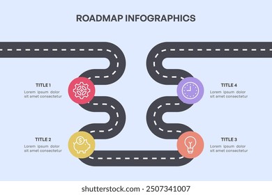 Infografía simple de la hoja de ruta de 4 nodos con el camino curvo y los iconos coloridos, Ilustración vectorial