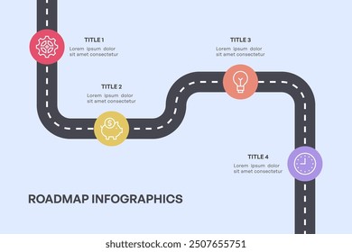 Infografía simple de la hoja de ruta de 4 nodos con el camino curvo y los iconos coloridos, Ilustración vectorial