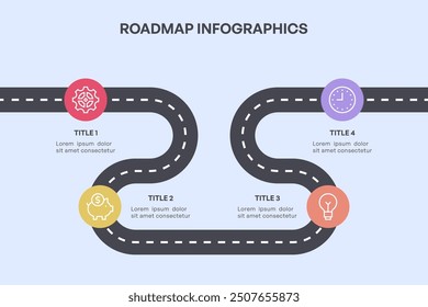 Infografía simple de la hoja de ruta de 4 nodos con el camino curvo y los iconos coloridos, Ilustración vectorial