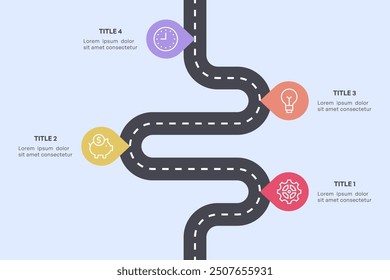 Infografía simple de la hoja de ruta de 4 nodos con el camino curvo y los iconos coloridos, Ilustración vectorial