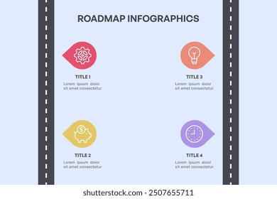 Infografía simple de la hoja de ruta de 4 nodos con el camino recto y los iconos coloridos, Ilustración vectorial