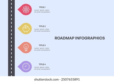 Infografía simple de la hoja de ruta de 4 nodos con el camino recto y los iconos coloridos, Ilustración vectorial