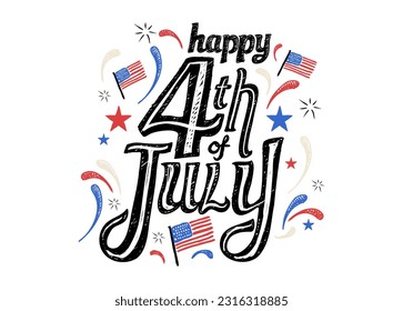 Simple 4th Of July US Independence Day Celebration Banner With Hand Drawn Typography US Flag and Fireworks Illustration