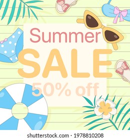 Simple 50% fuera de plantilla de diseño para póster de diseño, banner, volante, cupón. Vector Square Summer See Sale Banner Design Template. Piscina Diseño de la planta de madera. Fondo de veraneo de vacaciones