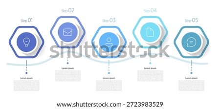 Simple 5-step hexagon infographics use interconnected or staggered hexagonal shapes to visually represent processes, timelines, or stages in a clean, modern layout.