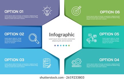 Einfache 6-Option-Infografik-Präsentationsfolie. Banner, Broschüre, Plan und Strategie. Vektorgrafik.