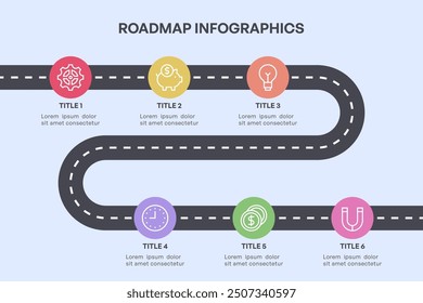 Infografía sencilla de la hoja de ruta de 6 nodos con iconos e hitos coloridos, Ilustración vectorial