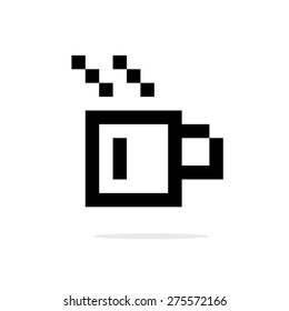 simple 8bit coffee cup black icon. concept of hot cocoa, coffeehouse, coffee shop, lunch break. isolated on white background. pixelart style trendy modern design vector illustration