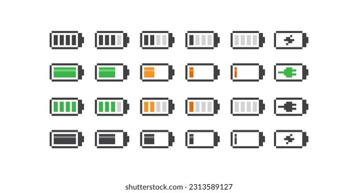 Einfache, minimalistische 8-Bit-Pixelart-Reihe von Gadget-Icons auf Batteriestufen im Retro-Stil