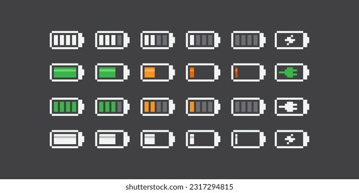 Simple 8bit pixel art minimalistic set of  gadget battery level icons in retro style