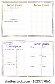 Simple A5 notepad page templates with ragged lines frame. Set of four backgrounds sheets for diary. Blank checked copy space and blank lined copy space