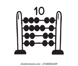 Simple abacus showing number ten, black line illustration of classic bead abacus within frame, bold ten caption above, highcontrast minimalist graphic, vintage classroom vibe, evokes counting