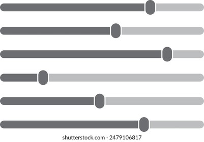  simple abestract volume slider vector icon set, volume adjustment level indicator bar icon set, grey ash color horizontal slider button set, illustration vector