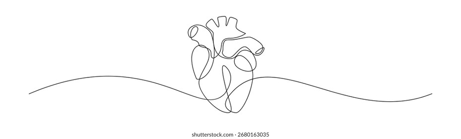 Einfaches, abstraktes anatomisches menschliches Herz mit durchgehender Linie gezeichnet. Tolle grafische Illustration für medizinische Designs und kommerzielle Zwecke.