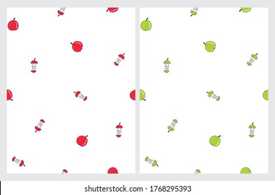 Simple Resumen de manzanas y patrón vectorial Apple Scraps. Mano feliz roja y verde dibujada manzanas aisladas en un fondo blanco. Impresión vectorial de frutas de estilo infantil divertida.