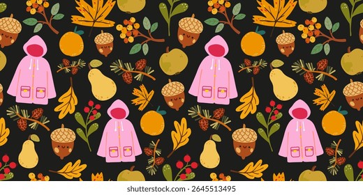 Simples abstrato outono padrão sem emenda com folhas, capa de chuva, carvalho, bolota, viburnum, frutas de outono. Aconchegante fundo de vibe de queda para impressão, tecido, têxtil, papel de parede. Ilustração de vetor bonito