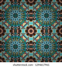Simple abstract background in beige, brown and blue colors. Vector geometric seamless pattern. For decor, fabric, textile, cloth. Ornamental texture with linear shapes, zigzag lines, lace pattern.