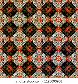 Simple abstract background in black, gray and orange colors. For decor, fabric, textile, cloth. Ornamental texture with linear shapes, zigzag lines, lace pattern. Vector geometric seamless pattern.