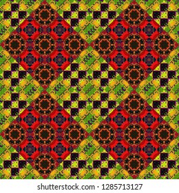 Simple abstract background in black, green and red colors. For decor, fabric, textile, cloth. Vector geometric seamless pattern. Ornamental texture with linear shapes, zigzag lines, lace pattern.