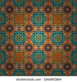 Simple abstract background in blue, orange and red colors. Ornamental texture with linear shapes, zigzag lines, lace pattern. For decor, fabric, textile, cloth. Vector geometric seamless pattern.