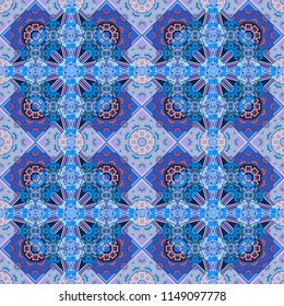 Simple abstract background in blue, violet and purple colors. Ornamental texture with linear shapes, zigzag lines, lace pattern. Vector geometric seamless pattern. For decor, fabric, textile, cloth.