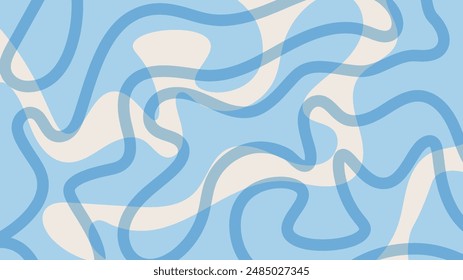 Simple abstract background with blue wavy pattern. Trendy groovy backdrop in retro 60-70s style. Cool funky ripple design