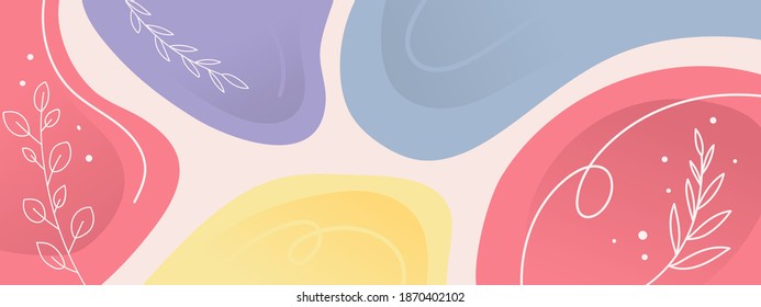 Simple abstract background in bright colors with place for text. Hand drawn doodle shapes and leaves. Social media template modern trendy colors vector. Business beauty template natural style.