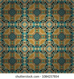 Simple abstract background in brown, blue and orange colors. Ornamental texture with linear shapes, zigzag lines, lace pattern. For decor, fabric, textile, cloth. Vector geometric seamless pattern.