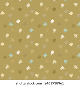 Simple abstract background of fuzzy yellow and blue stars sprinkled on golden field. Nuanced ochre confetti pattern for child products.