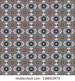 Simple abstract background in green, beige and blue colors. For decor, fabric, textile, cloth. Ornamental texture with linear shapes, zigzag lines, lace pattern. Geometric seamless pattern.